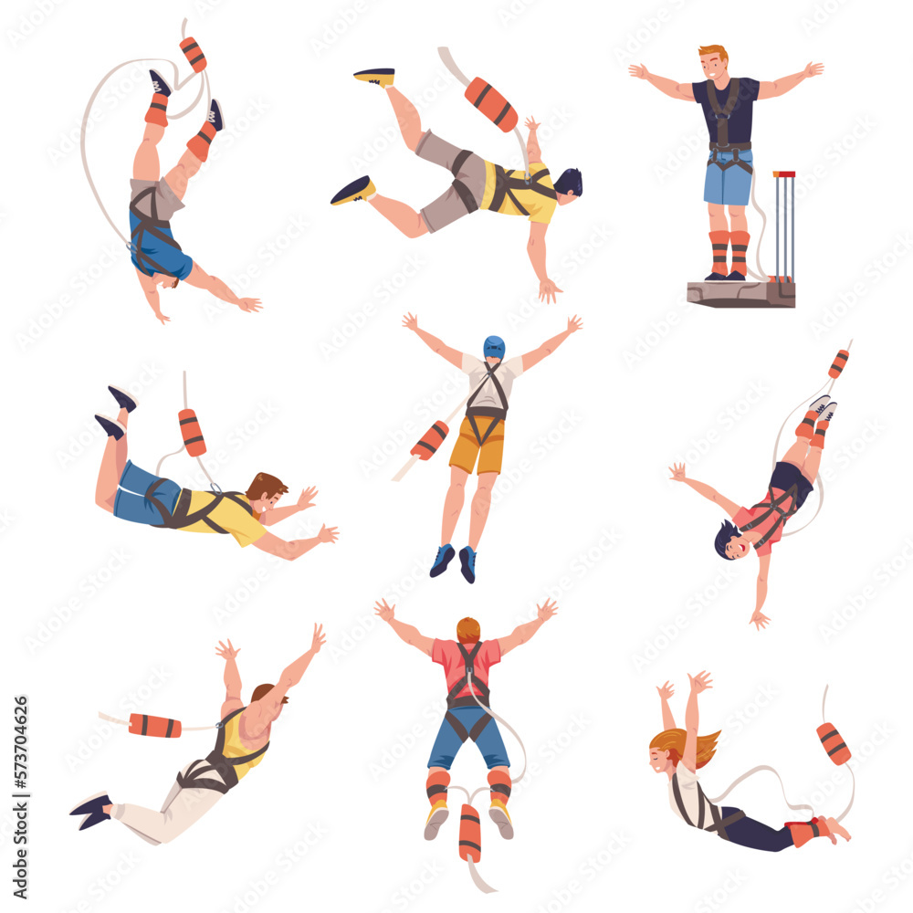 Poster bungee jumping with people character free falling down from great height connected to elastic cord v