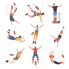 Bungee Jumping with People Character Free Falling Down from Great Height Connected to Elastic Cord Vector Set
