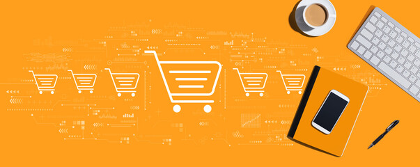 Online shopping theme with a computer keyboard and office items