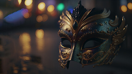 Mardi Gras Mask.  Bokeh Background.  Generative AI.
