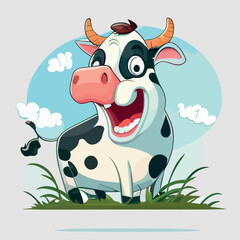 Cheerful cow is standing, smiling and looking
