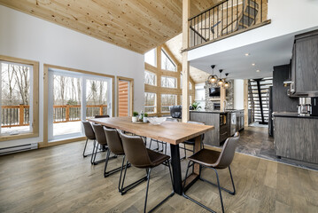 Winter cottages in remote area Quebec, Canada, log house with sauna, SPA, bedrooms, pool, living room, messanine, kitchen and bathrooms
