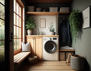 A Modern and Organic Wood Laundry Room | Generative AI - obrazy, fototapety, plakaty