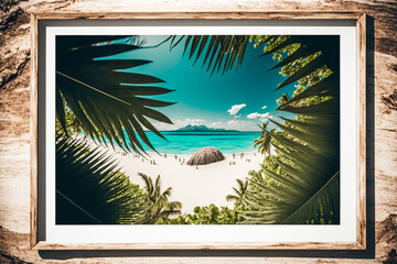  tropical beach with blue water and palm trees, mockup frame illustration Generative AI