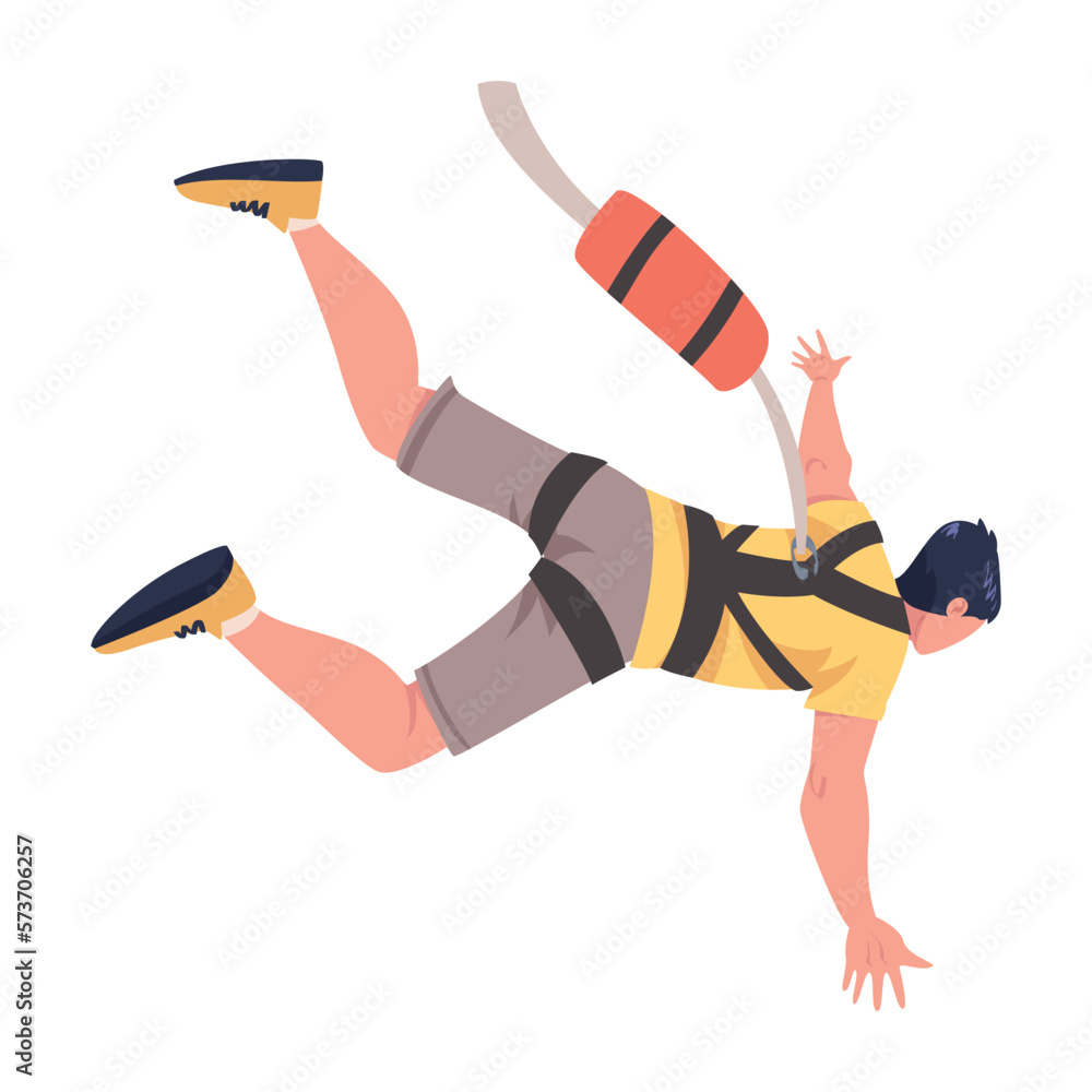 Aufkleber bungee jumping with man character free falling down from great height connected to elastic cord vect