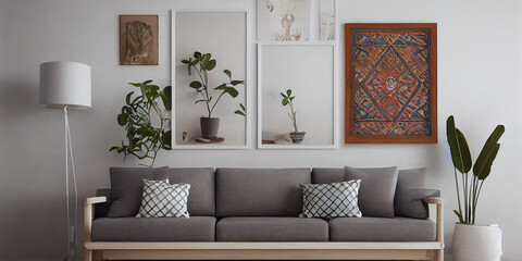 Mockup frame in interior background, room in warm tone, Scandi-Boho style, Generative AI