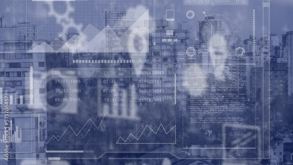 Poster animation of data processing, cityscape and connections
