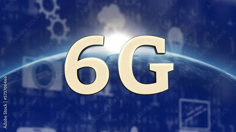 Poster animation of 6g text, globe and computer data processing