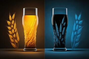 One dark beer glass and one light beer glass, each with a design of barley spikelets against a dark yellow backdrop. Generative AI