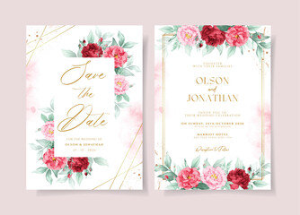 Watercolor wedding invitation template set with beautiful red pink floral and leaves decoration