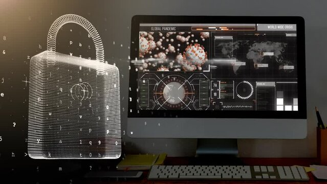Animation of padlock and data processing on computer screen