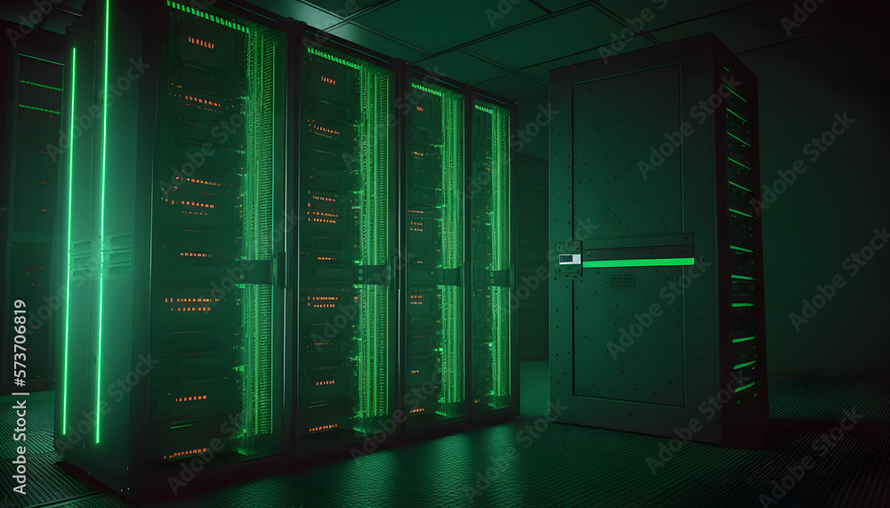 Poster servers data center room with bright speed light through the corridor 3d rendering