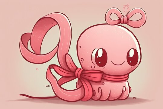 Cartoon worm in a pretty pink bow. Generative AI