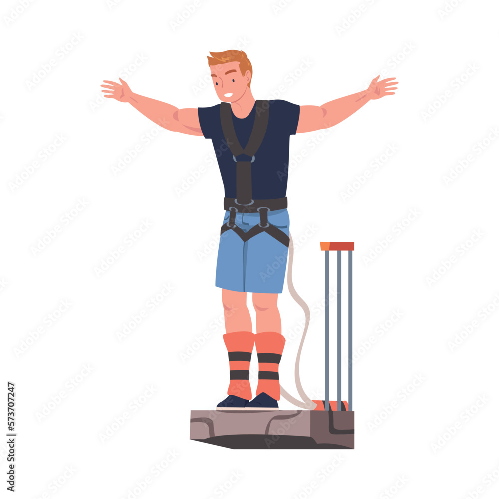 Poster bungee jumping with man character ready to leap for free falling down from great height connected to