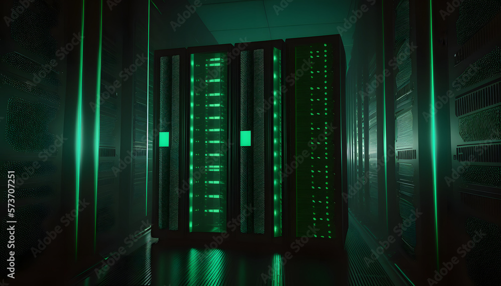 Poster data center server racks room. datacenter cloud web storage green computer.