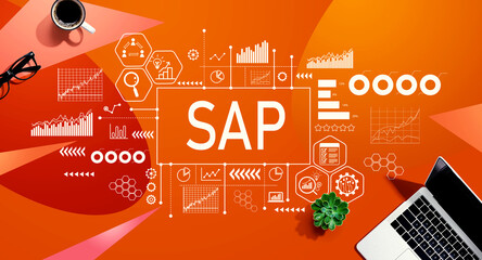 SAP - Business process automation software theme with a laptop computer on a orange pattern background - obrazy, fototapety, plakaty
