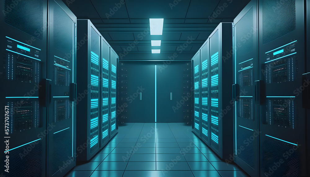 Poster data center server racks room. datacenter cloud web storage blue computer.
