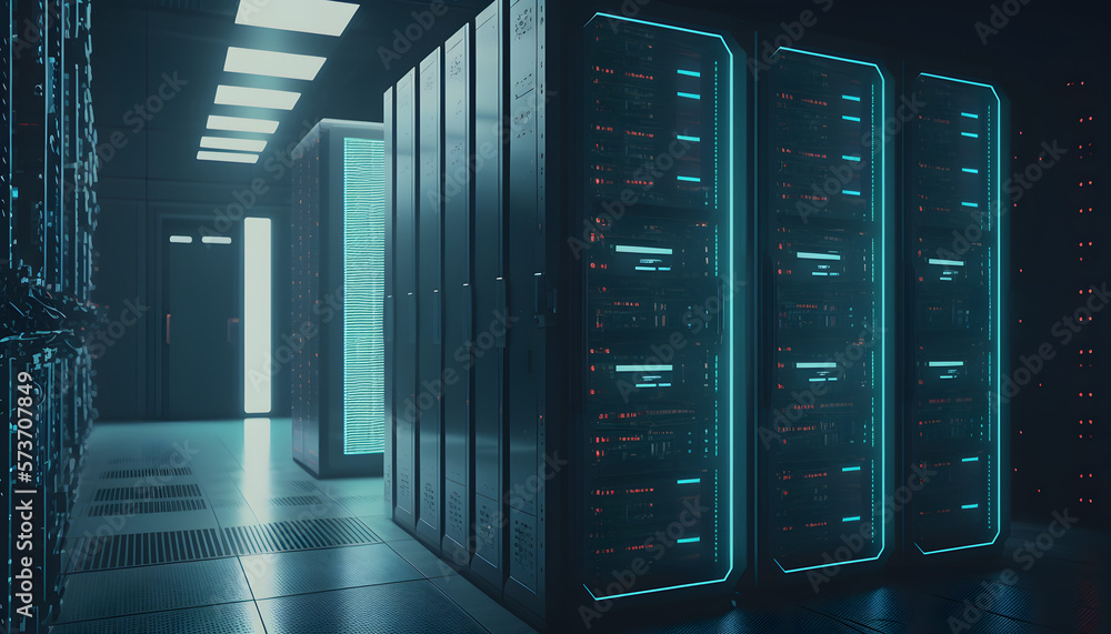 Poster cyber data server racks room with big data computer center. blue corridor interior for hosting stora