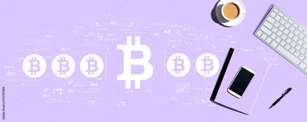 Poster bitcoin theme with a computer keyboard and office items
