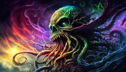 A haunting and psychedelic depiction of Cthulhu and the Colors Out of Space, with eerie and absurd elements, set in a coatl-colored fog - a cinematic horrorpunk wallpaper background