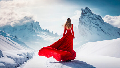 woman in a long red dress on a background of snowy mountains. Generative AI - obrazy, fototapety, plakaty