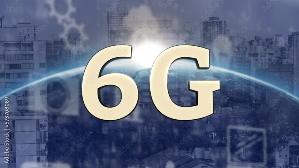 Poster animation of 6g text, globe and computer data processing