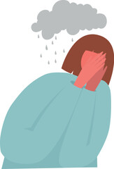 Unhappy sad girl with bad mood, suffering from grief, soul hurt, offense, sorrow and other negative psychological states and problems. Colored flat vector illustration isolated on white