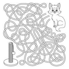 Labyrinth game for children. Maze puzzle for preschool and school kids. Help cute kitten find the right path to cat scratcher post. Coloring page outline of cartoon cat. Vector illustration.