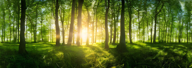 Fototapeta na wymiar Beautiful magical forest fabulous trees. Forest landscape, sun rays illuminate the leaves and branches of trees. Magical summer forest. Illustration. Generative AI 