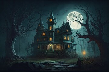 Scene of haunted house in forested Halloween setting, 16 9. Generative AI