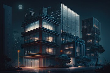 Modern architecture and office buildings line a city street. During the nighttime. Photorealistic. Generative AI