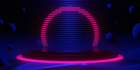 gaming esports background abstract wallpaper, cyberpunk style scifi game, stage scene in pedestal display room, 3d illustration rendering