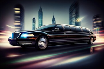 Fototapeta na wymiar Stretch Limo At Sunset Traveling By Tall Buildings Generative AI