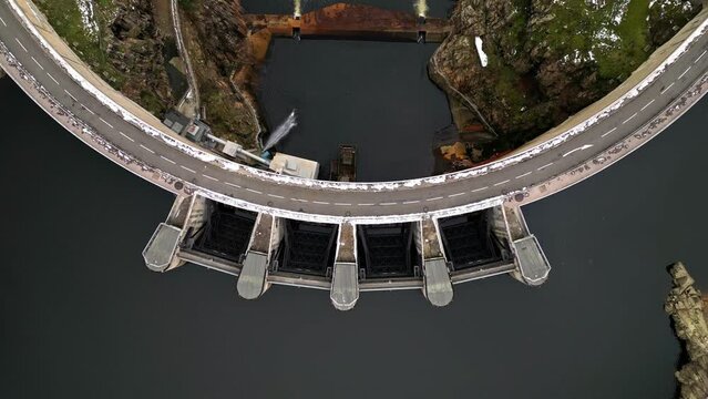 Panoramic drone view of The Grangent dam on the Loire river. Built between 1955 and 1957. Is located downstream of Aurec sur Loire in the surroundings of Saint-Etienne.