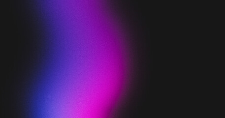 Dark purple blue grainy gradient on black background, copy space, noise texture effect, wide banner size