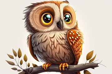 Portrait of a charming owl in animation, cartoon style. Generative AI