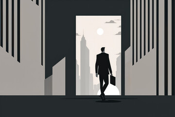simple illustration of a businessman with a briefcase walking towards a modern skyscraper, generative ai