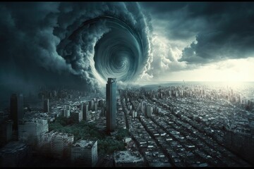 Illustration of a tornado striking a city - concept  - Created with generative ai - obrazy, fototapety, plakaty