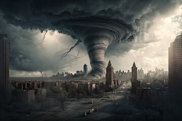Illustration of a tornado striking a city - concept  - Created with generative ai