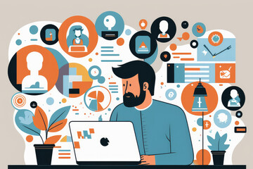 person sitting at a desk, typing on a laptop with social media icons and charts in the background, generative ai