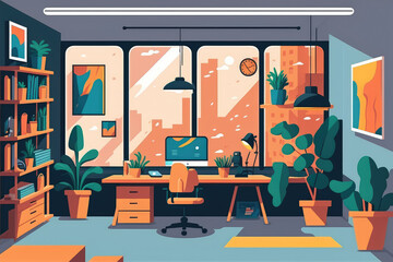 Illustration of a creative and imaginative office with a flat cartoon style showcasing a mural wall, generative ai