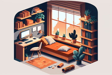 Illustration of a cozy and comfortable office with a flat cartoon style including a nap corner, generative ai