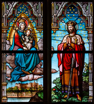 Stained-glass window depicting the Virgin Mary with the Infant Jesus and King St Stephen I. (of Hungary) in the Cathedral of St Elizabeth in Košice, Slovakia. 2019/07/05.