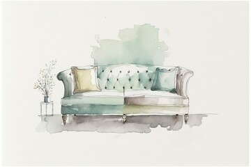 Pale Couch, Sofa, Living Room Furniture, or Settee for Home, Therapy Couch, Watercolor Style  [AI Generative]