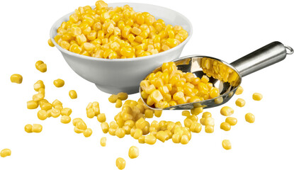 Sweet yellow corn in white bowl with spoon isolated on white background