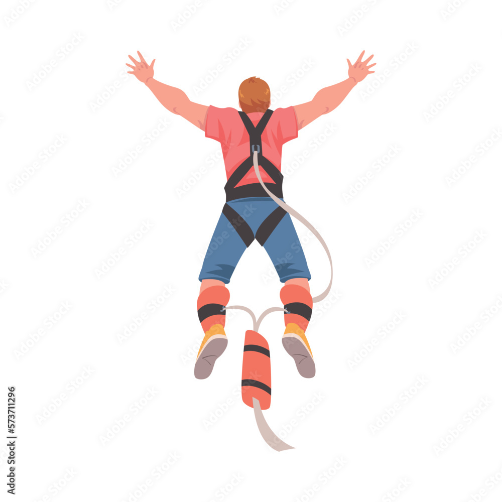 Poster bungee jumping with man character free falling down from great height connected to elastic cord vect
