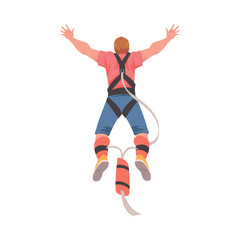 Bungee Jumping with Man Character Free Falling Down from Great Height Connected to Elastic Cord Vector Illustration