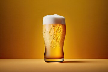 Lager beer in a glass, on a yellow background. Set up a studio shoot. Generative AI