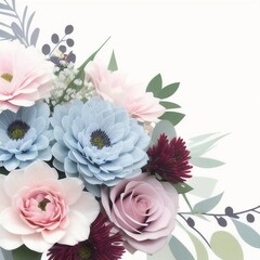 a bouquet of flowers sitting, soft blue and pink tints, ai generated