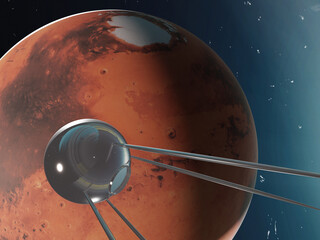 Satellite one near the Mars planet of solar system in outer space. 3D rendered illustration. Elements of this image where furnished by NASA.